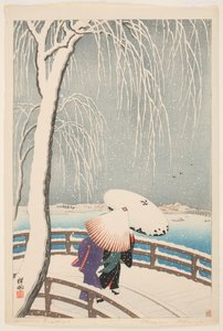 ウィローブリッジ（色付きの木版画） 作： Ohara Koson